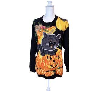 Vintage Crystal Kobe Halloween Cat Pumpkin Sweater Black Ramie Cotton Small